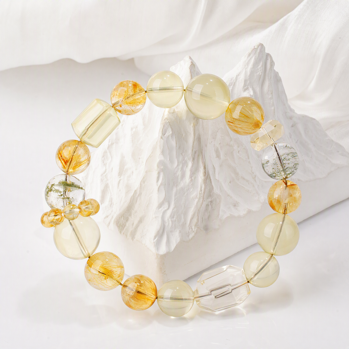Natural Green Phantom Quartz & Citrine Bracelet with Golden Rutilated Quartz – Mixed Gemstone Jewelry