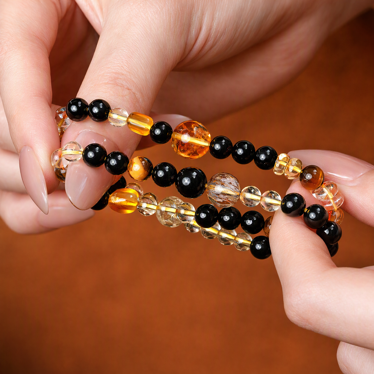 Citrine & Black Obsidian Multi-Layer Bracelet – Mixed Gemstone Design
