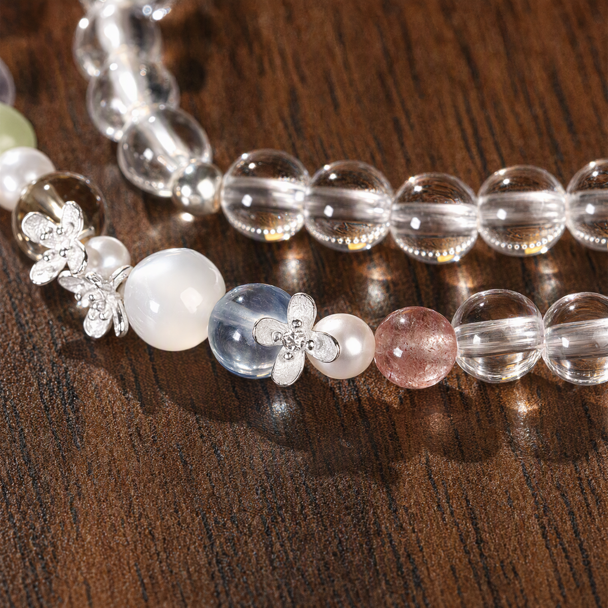Natural Clear Quartz Rainbow Multigemstone Bracelet with Pearl & 925 Sterling Silver