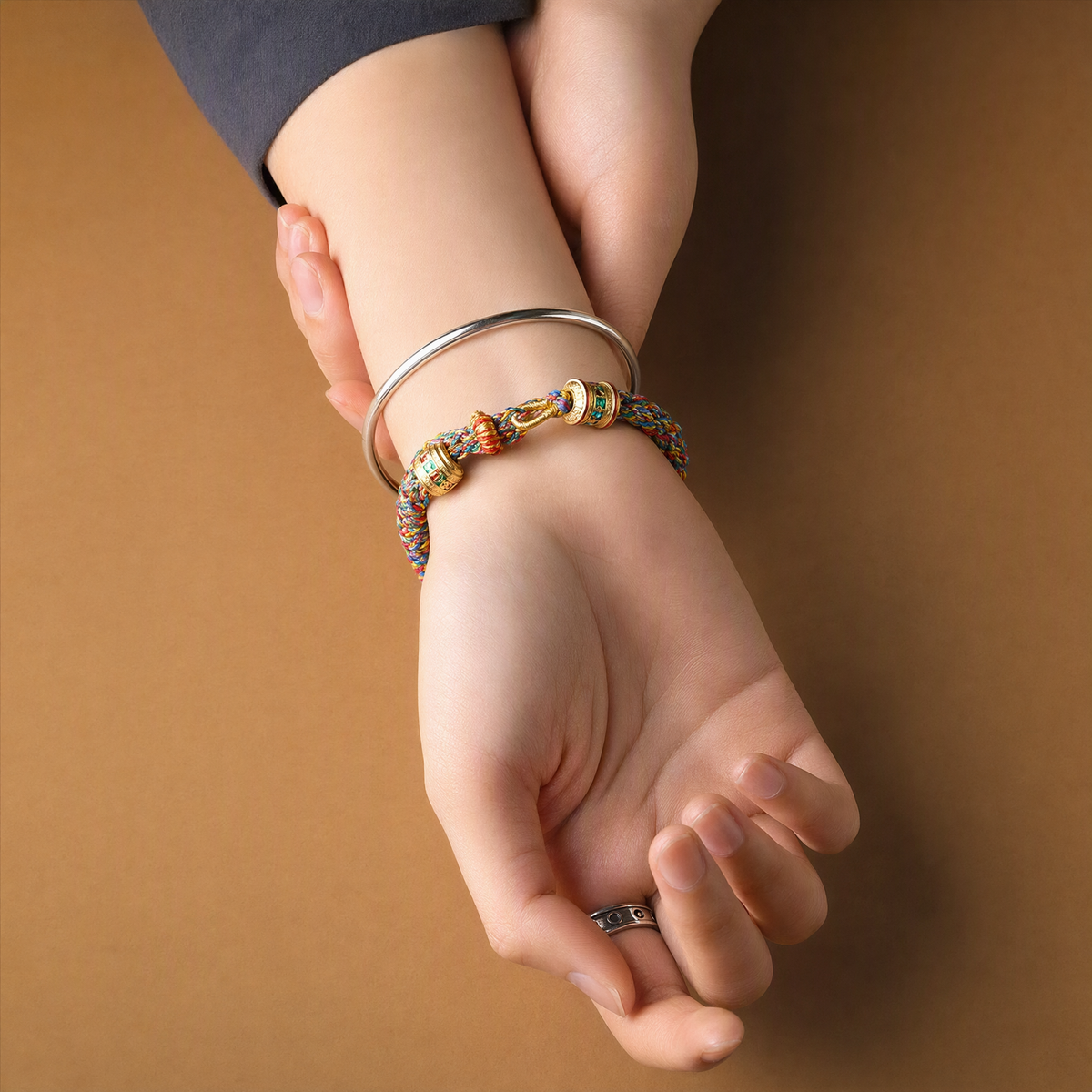 Handwoven Tibetan-Inspired Five-Color Bracelet with Six-Syllable Mantra