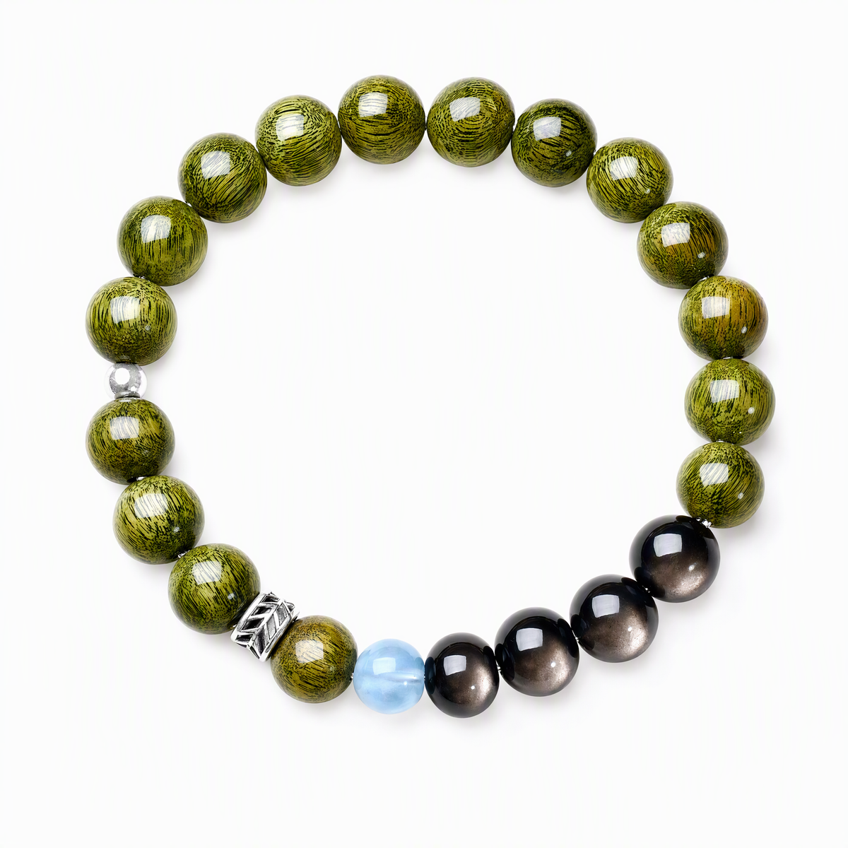 Green Sandalwood & Obsidian Bracelet with Aquamarine – Unisex Gift