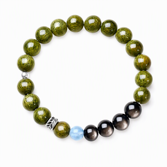 Green Sandalwood & Obsidian Bracelet with Aquamarine – Unisex Gift
