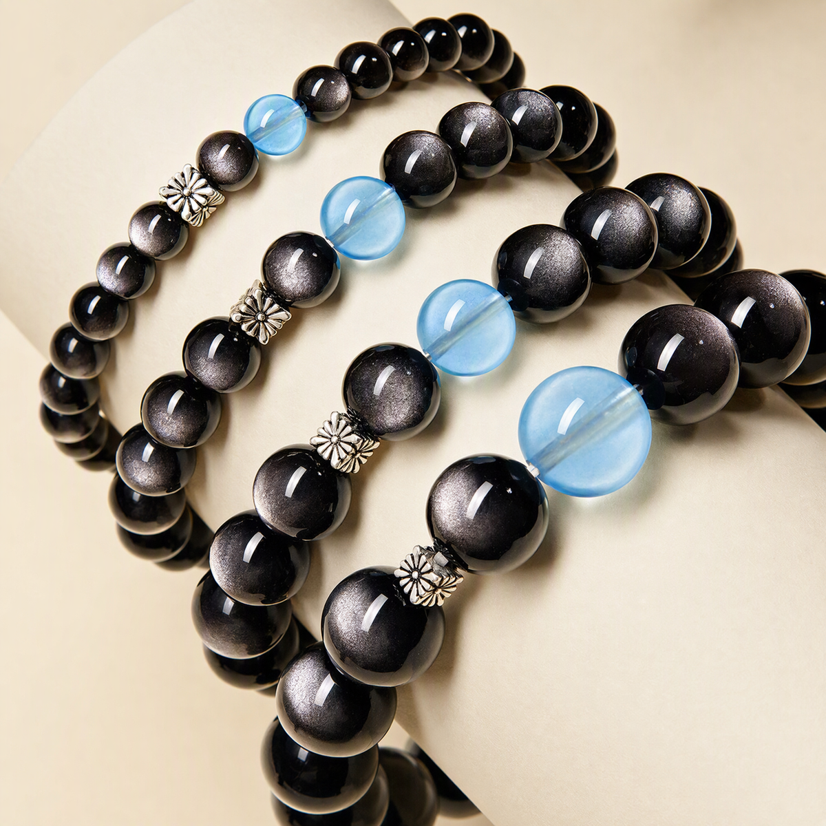 Silver Sheen Obsidian & Aquamarine Bracelet with S925 Sterling Silver Beads