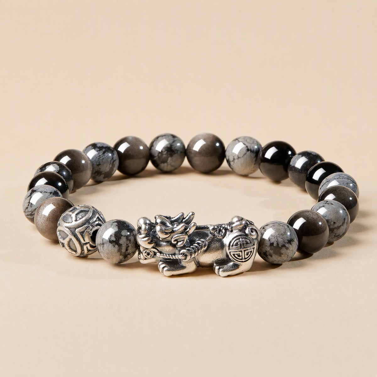 S999 Silver Pixiu & Black Obsidian Bracelet – Vintage Unisex Design
