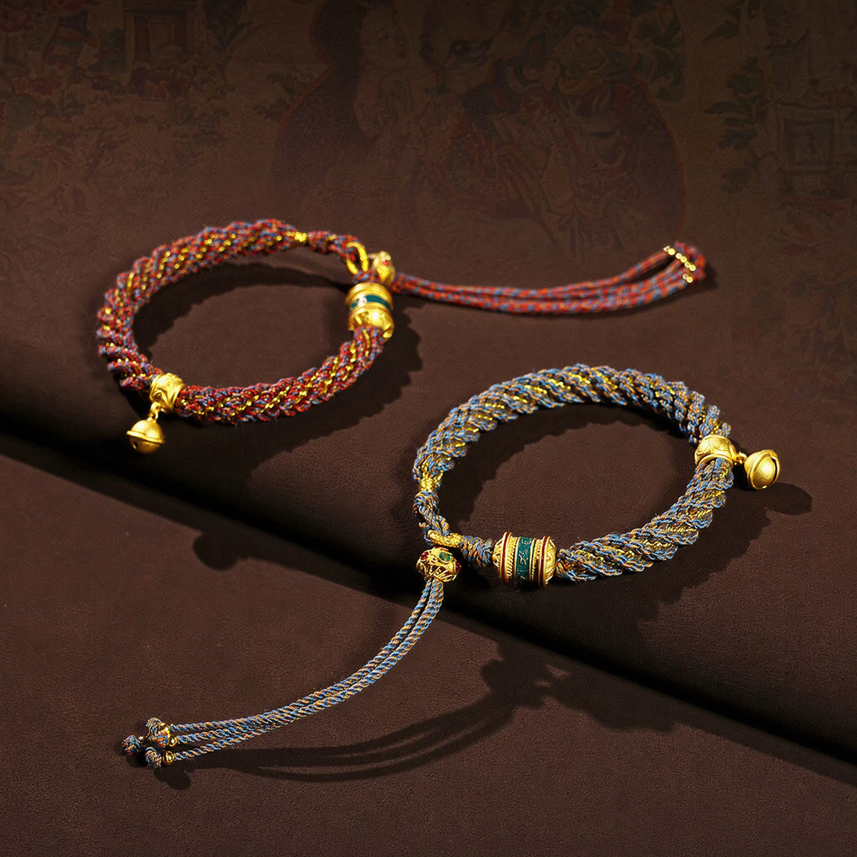 Tibetan-Inspired Woven Mantra Bracelet with Bell & Six-Syllable Mantra Wheel