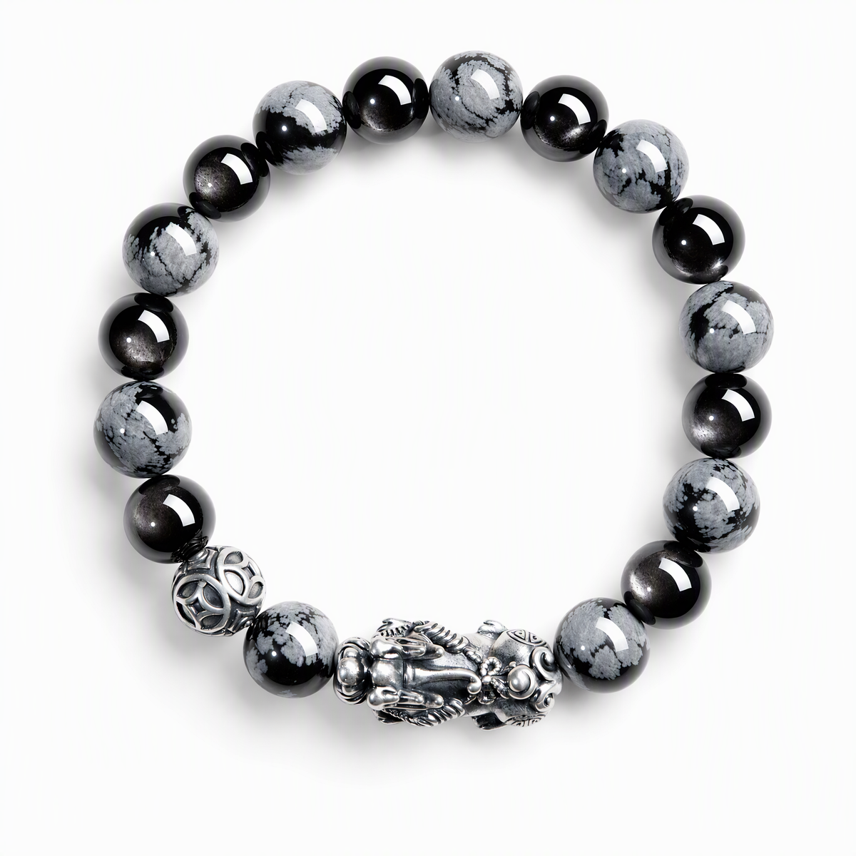 S999 Silver Pixiu & Black Obsidian Bracelet – Vintage Unisex Design
