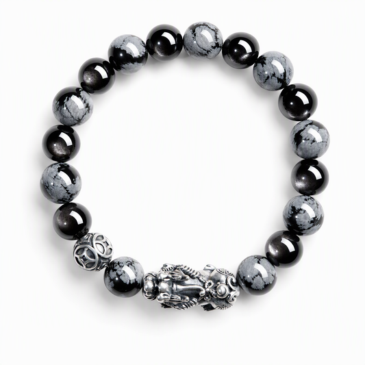 S999 Silver Pixiu & Black Obsidian Bracelet – Vintage Unisex Design