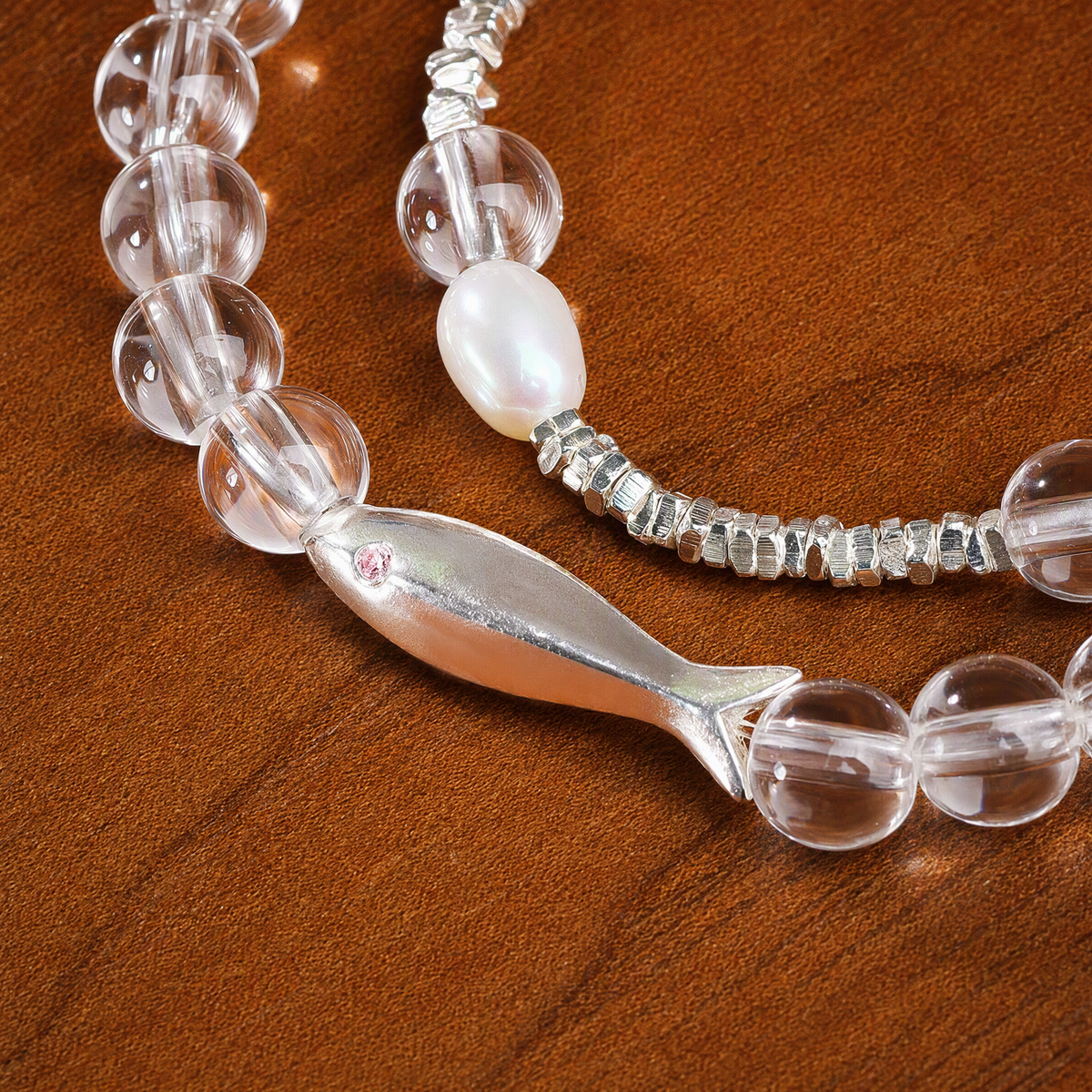 Natural Clear Quartz & Freshwater Pearl Bracelet with S925 Sterling Silver Fish Charm