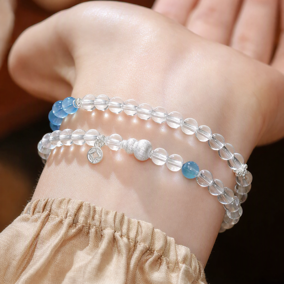 Natural Clear Quartz & Aquamarine Multi-Wrap Bracelet – Adjustable Crystal Jewelry