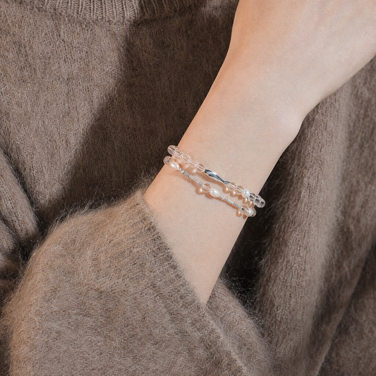 Natural Clear Quartz & Freshwater Pearl Bracelet with S925 Sterling Silver Fish Charm