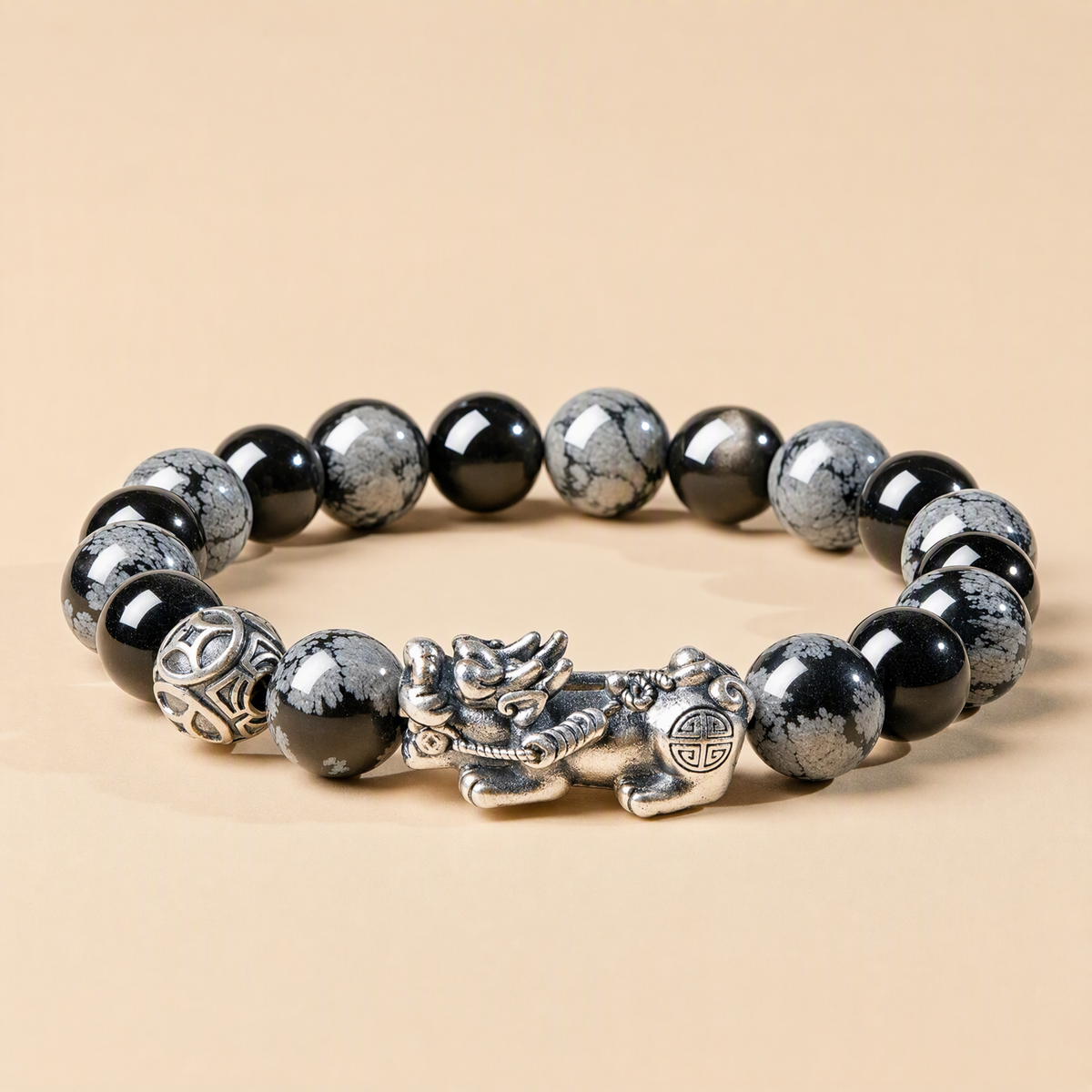 S999 Silver Pixiu & Black Obsidian Bracelet – Vintage Unisex Design