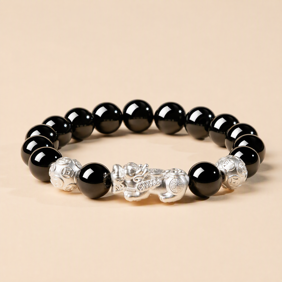 S999 Silver Pixiu & Black Obsidian Bracelet – Vintage Unisex Design
