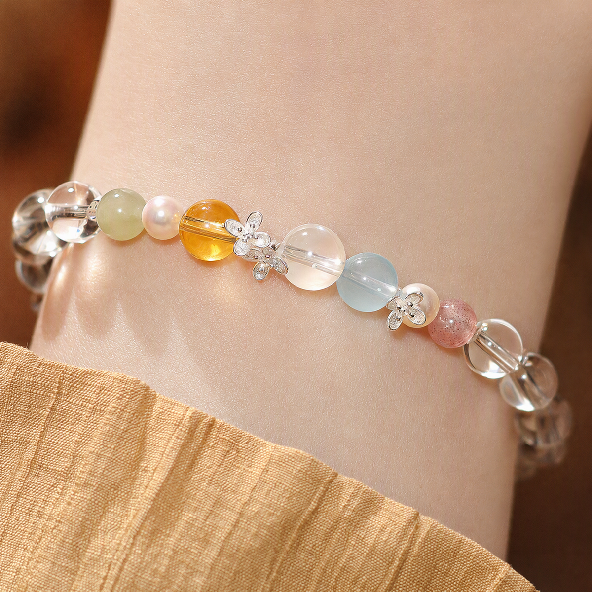 Natural Clear Quartz Rainbow Multigemstone Bracelet with Pearl & 925 Sterling Silver