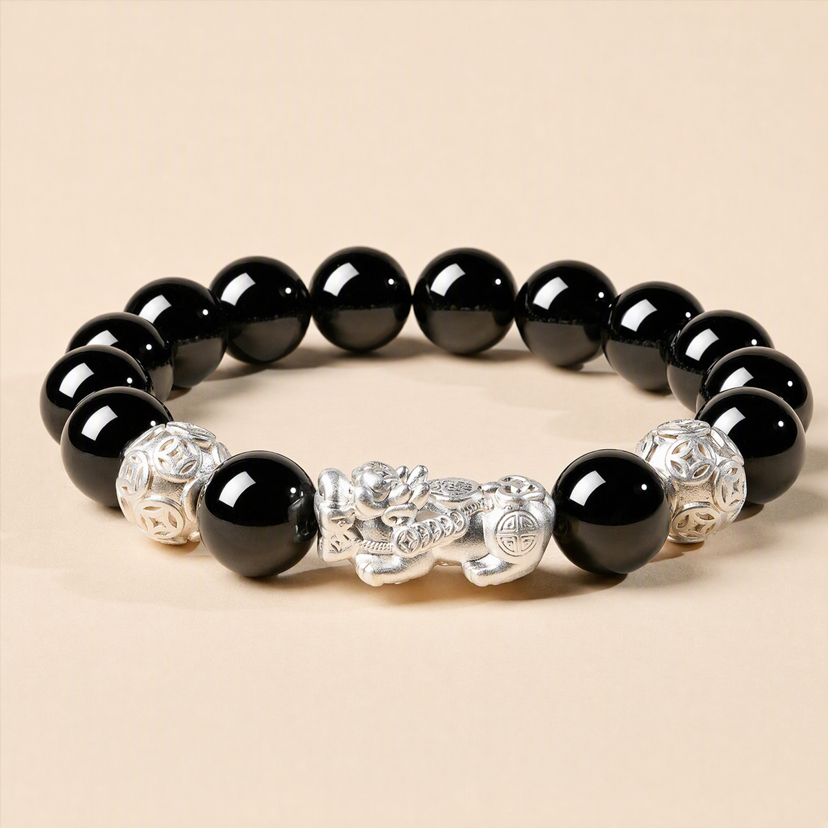 S999 Silver Pixiu & Black Obsidian Bracelet – Vintage Unisex Design