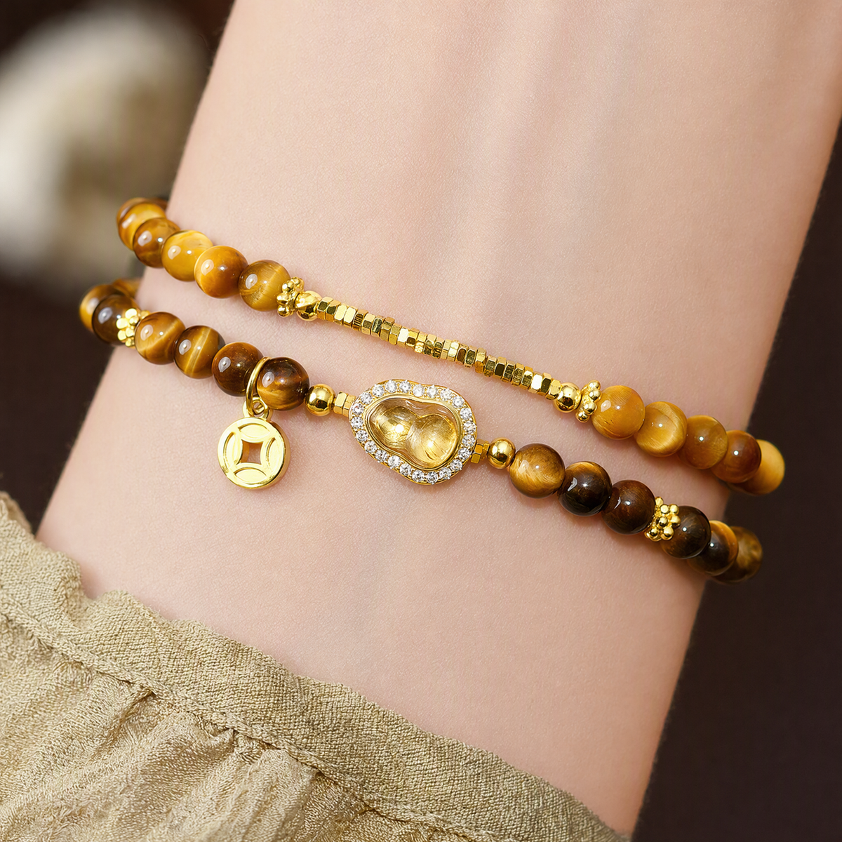 Tiger’s Eye & Black Obsidian Multi-Layer Bracelet with Gourd Charm
