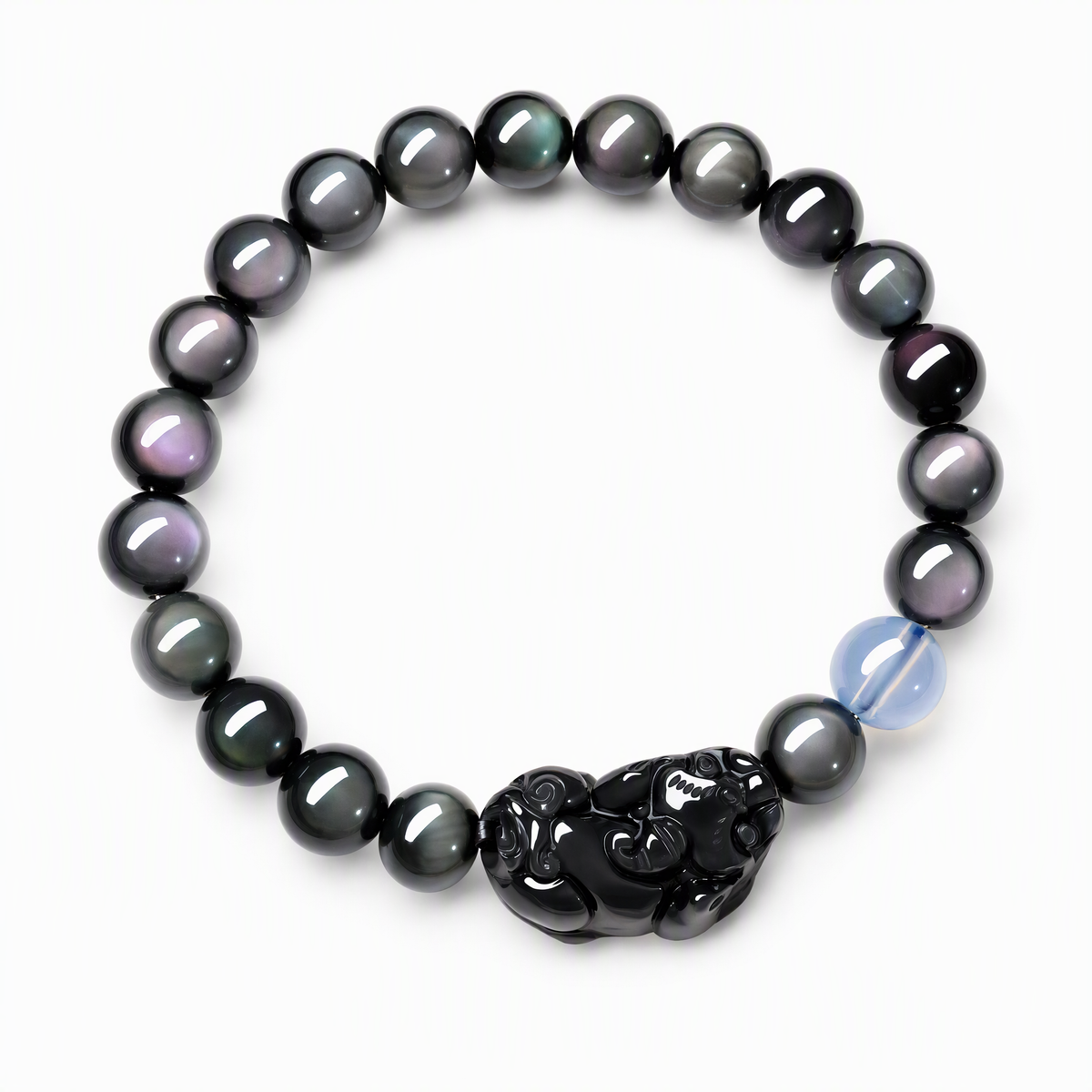 Rainbow Sheen Obsidian & Aquamarine Pixiu Bracelet – Unisex