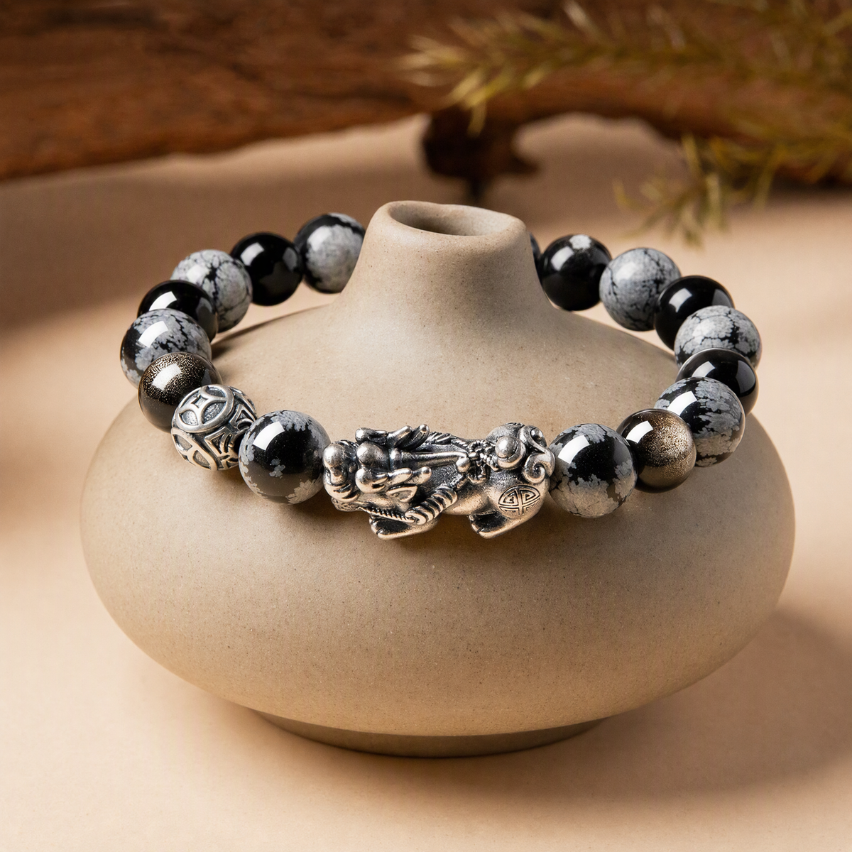 S999 Silver Pixiu & Black Obsidian Bracelet – Vintage Unisex Design