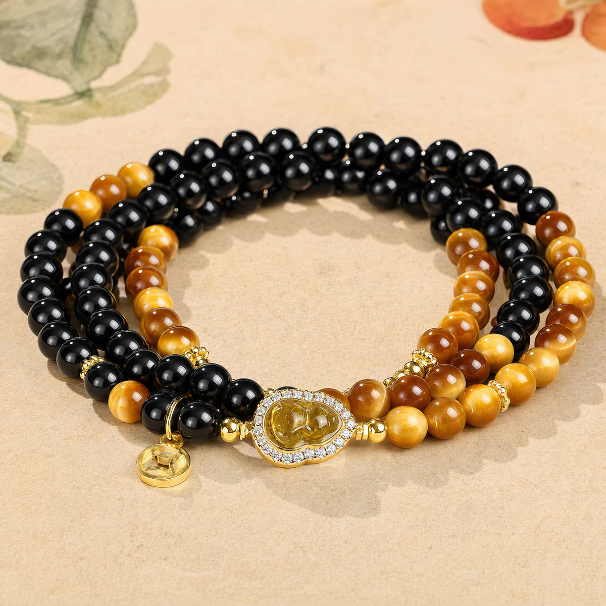Tiger’s Eye & Black Obsidian Multi-Layer Bracelet with Gourd Charm