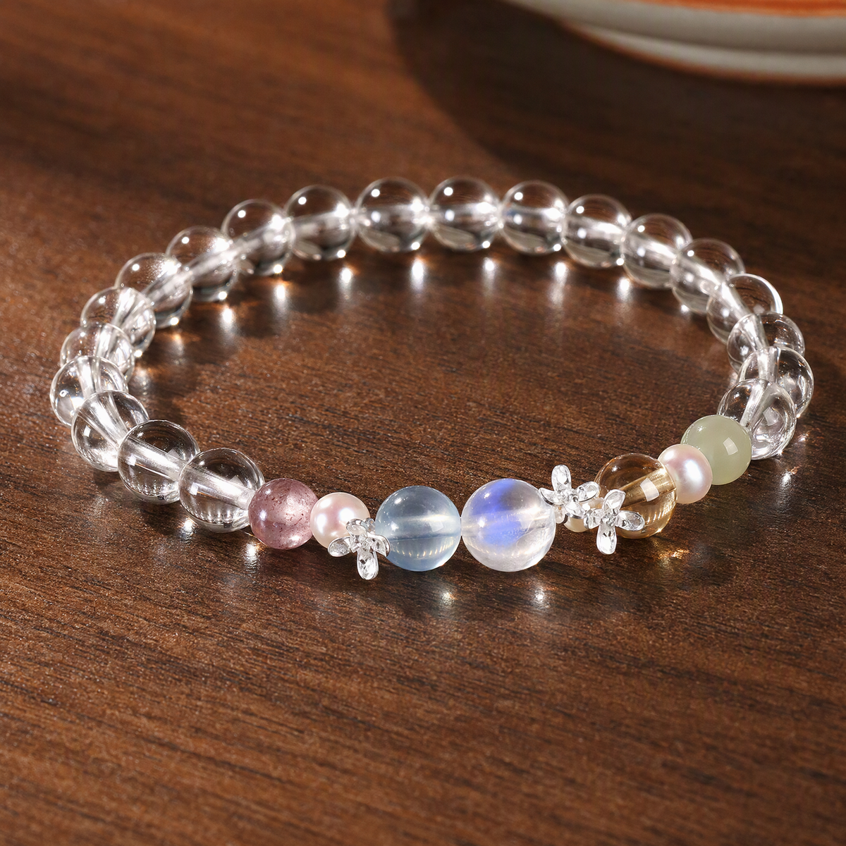 Natural Clear Quartz Rainbow Multigemstone Bracelet with Pearl & 925 Sterling Silver