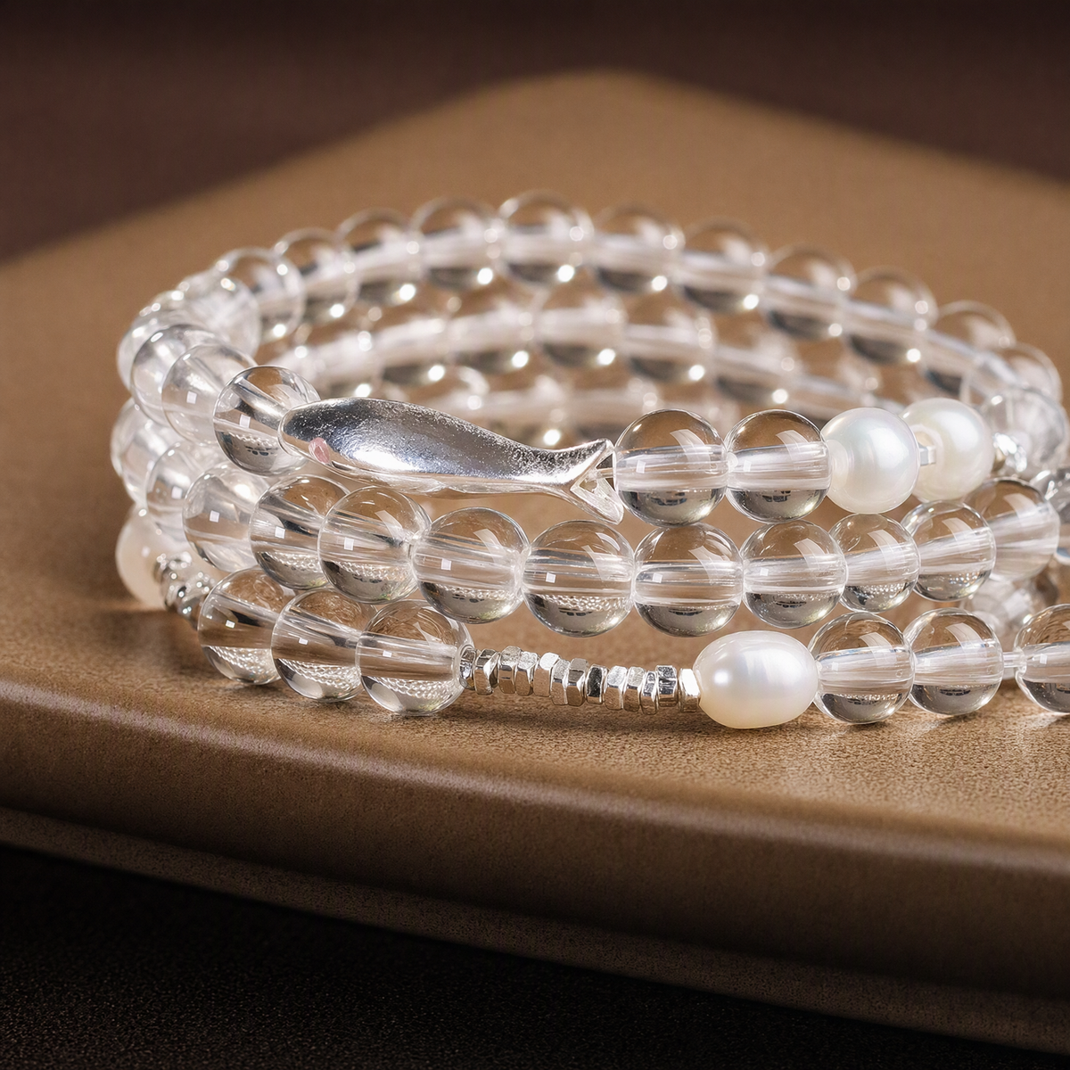 Natural Clear Quartz & Freshwater Pearl Bracelet with S925 Sterling Silver Fish Charm