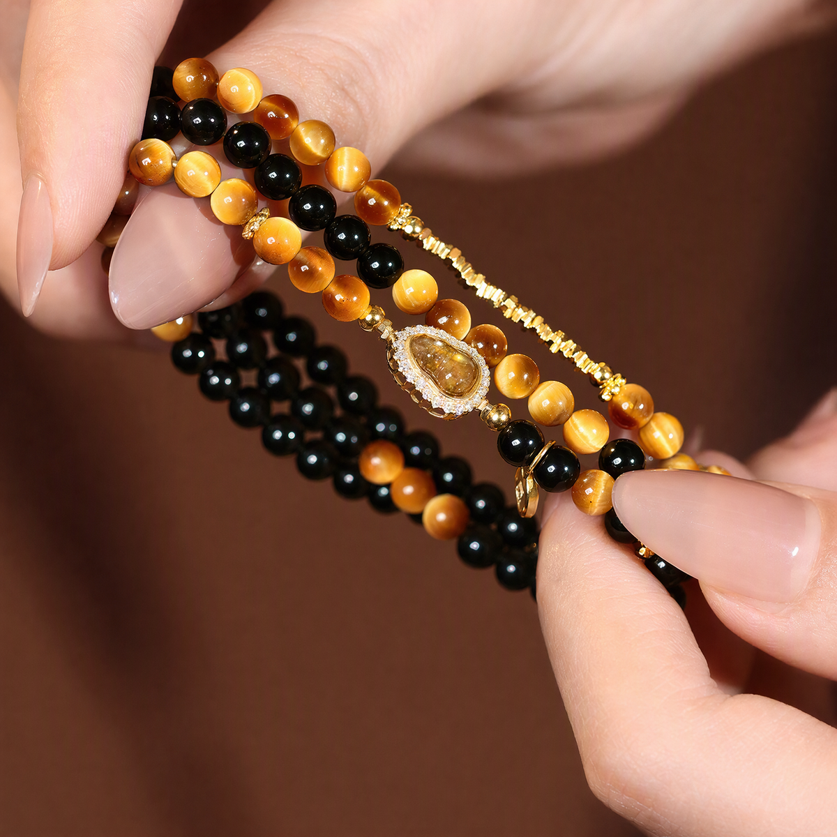 Tiger’s Eye & Black Obsidian Multi-Layer Bracelet with Gourd Charm