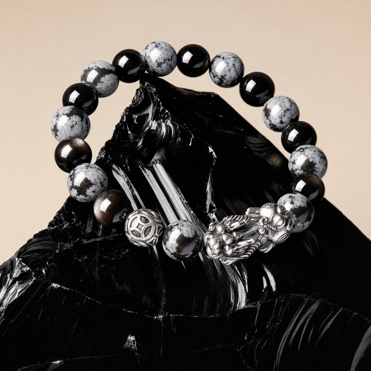 S999 Silver Pixiu & Black Obsidian Bracelet – Vintage Unisex Design
