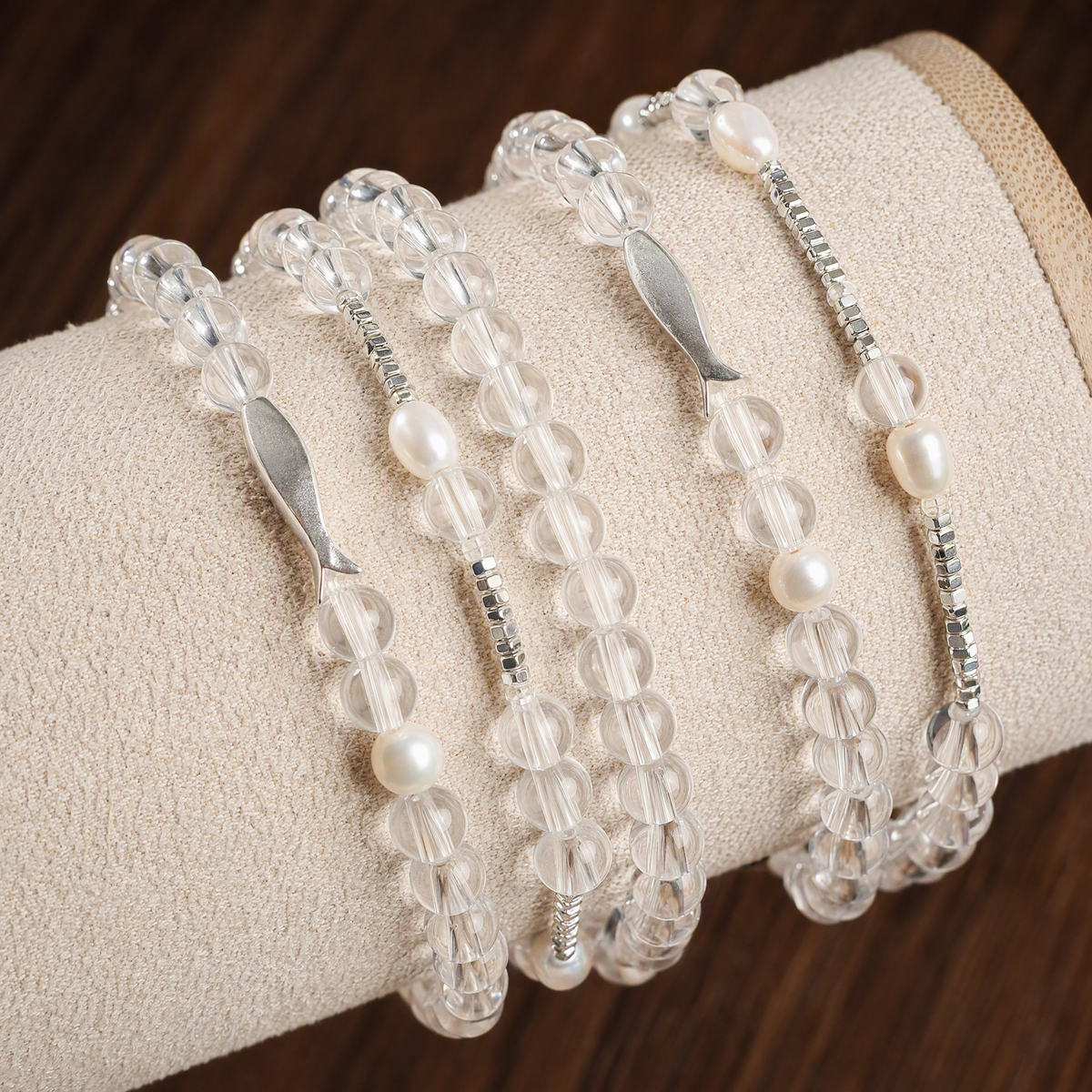 Natural Clear Quartz & Freshwater Pearl Bracelet with S925 Sterling Silver Fish Charm