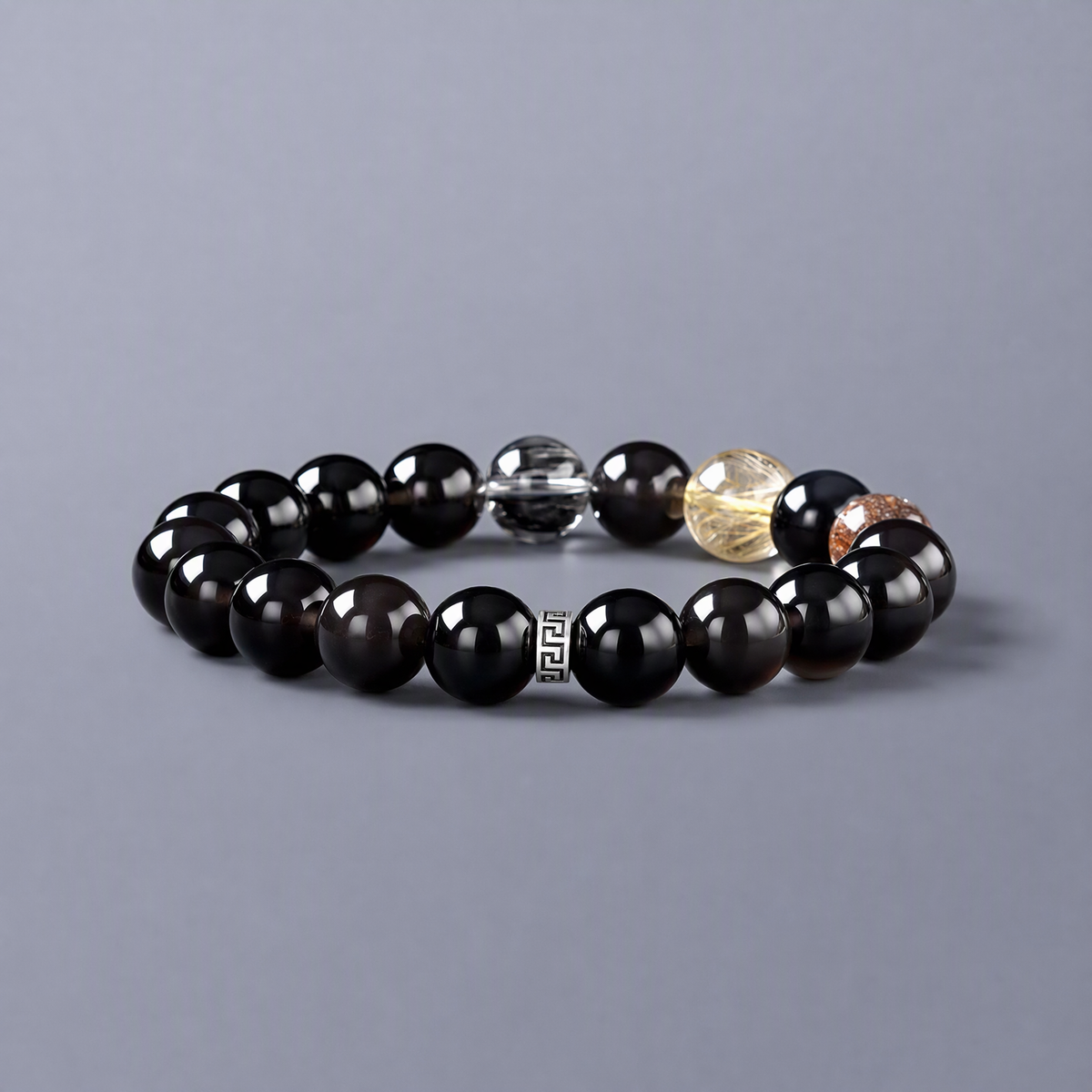 Black Obsidian & Rutilated Quartz Bracelet – Black, Gold & Silver Tones