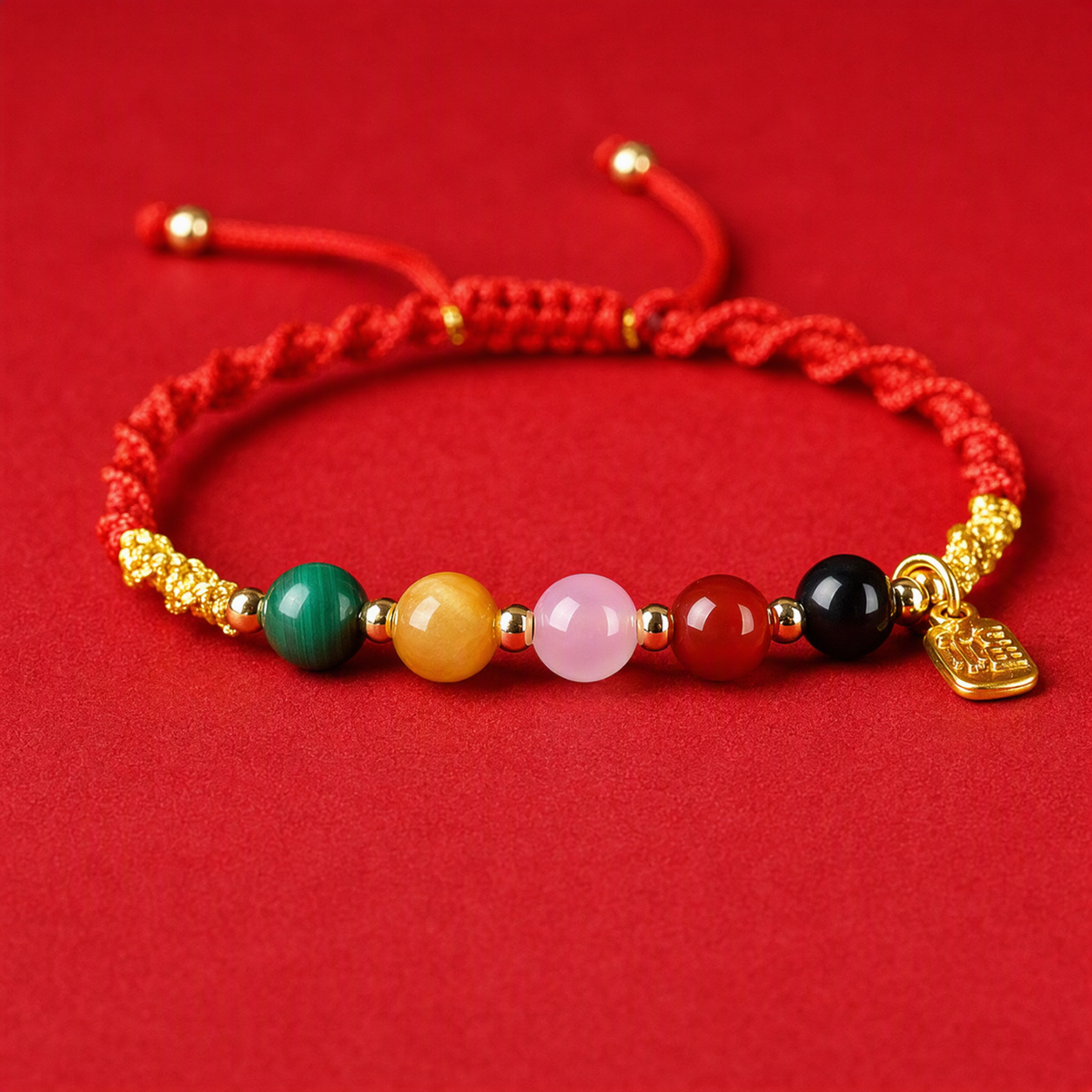 Red String Bracelet with Natural Gemstones & Gold Fu Charm – Adjustable Good Luck Jewelry