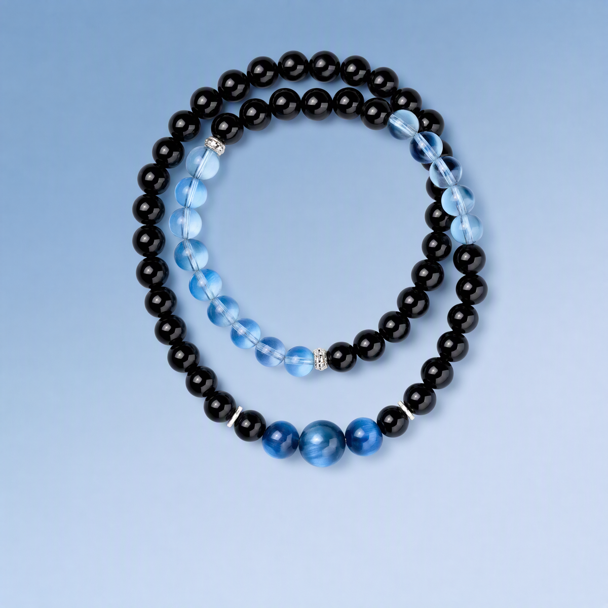 Aquamarine & Black Obsidian Double Wrap Bracelet with Blue Kyanite – Natural Crystal Gemstone Jewelry