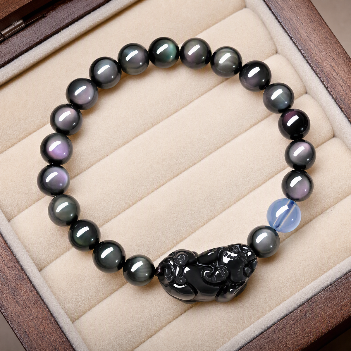 Rainbow Sheen Obsidian & Aquamarine Pixiu Bracelet – Unisex