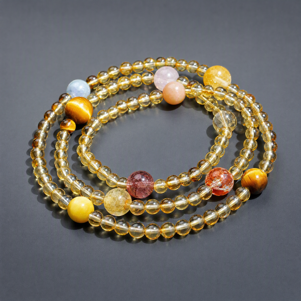 Natural Citrine 3-Wrap Crystal Bracelet with Tiger's Eye & Mixed Gemstones for Women