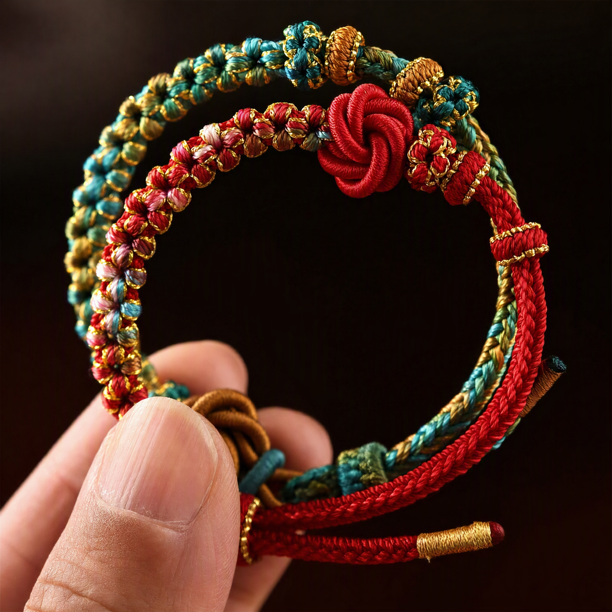 Boho DIY Woven Bracelet with Mandala & Peach Blossom Knot – Adjustable Beaded Bracelet