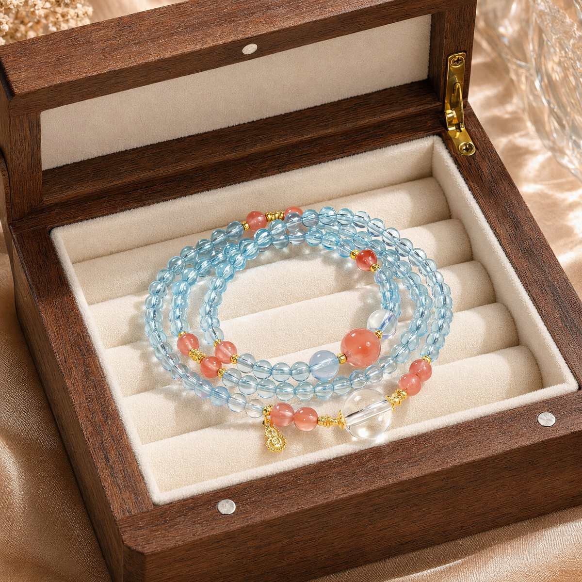 Aquamarine, Clear Quartz & South Red Agate Bracelet – Chinese-Inspired Design