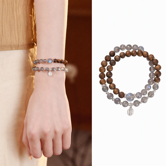 Gray Moonstone & Agarwood Beaded Bracelet with S925 Sterling Silver Charm