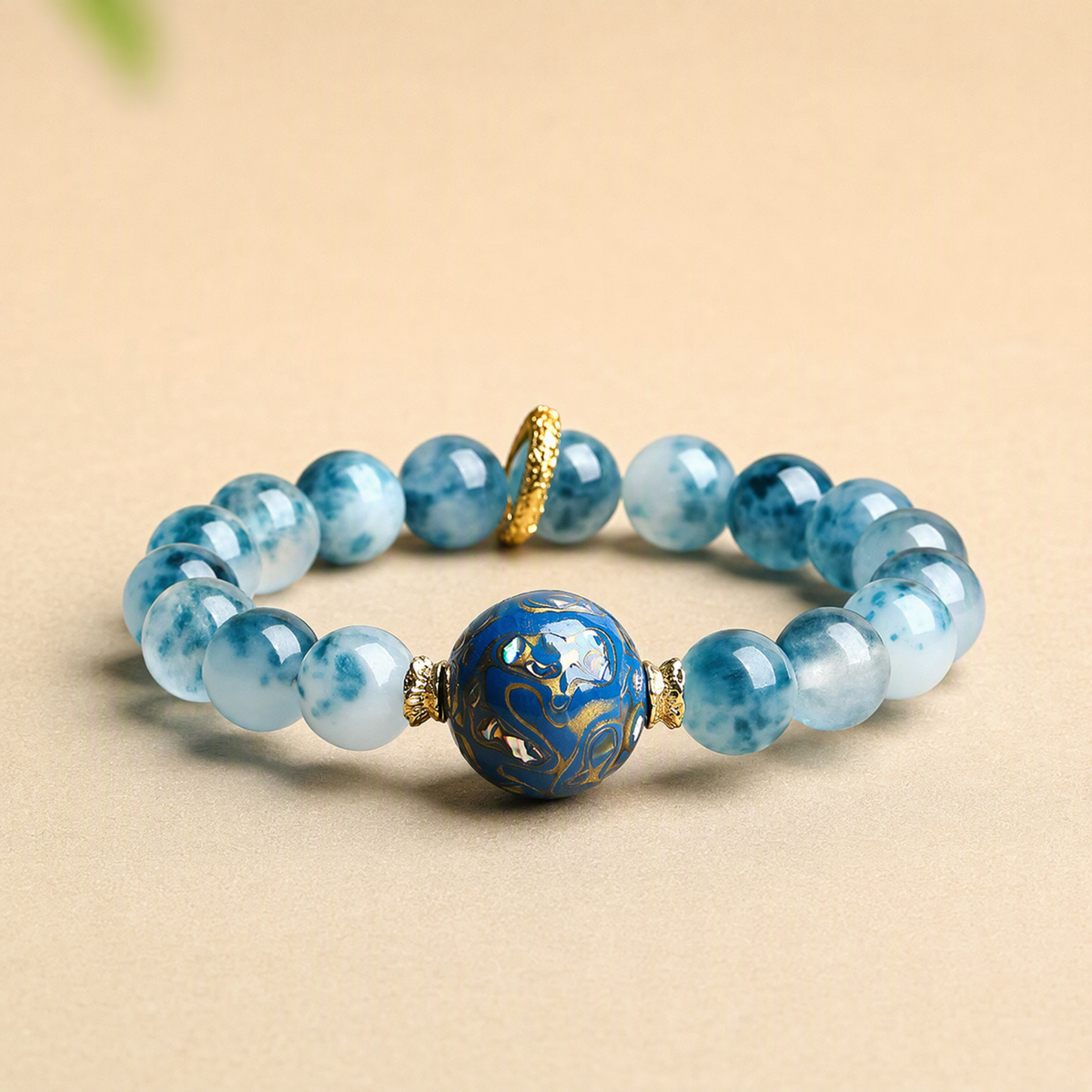 Blue Chalcedony & Artisan Lacquer Bead Bracelet – Handmade Gift