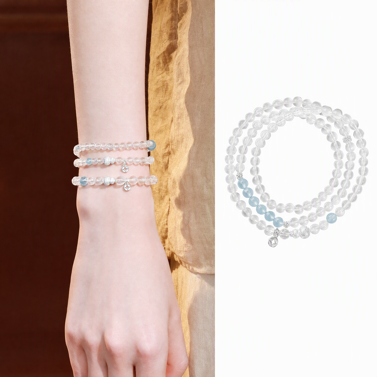 Natural Clear Quartz & Aquamarine Multi-Wrap Bracelet – Adjustable Crystal Jewelry