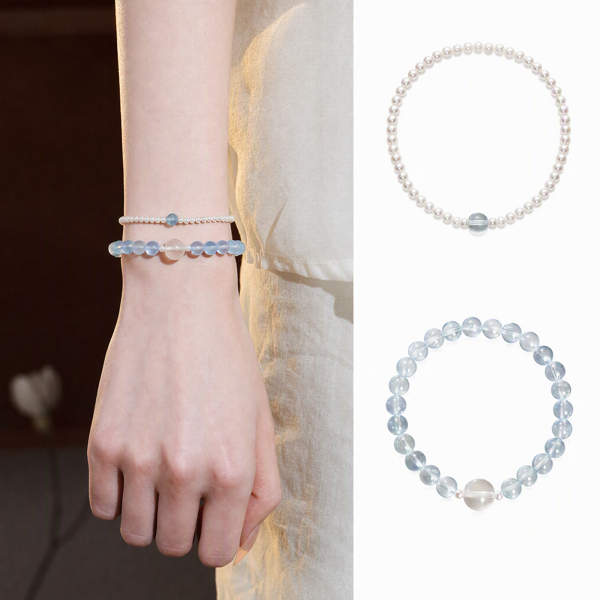 Natural Aquamarine Crystal Bracelet with Pearls & Clear Quartz – Layered Jewelry for Women