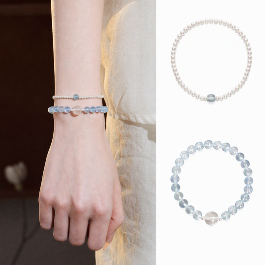 Natural Aquamarine Crystal Bracelet with Pearls & Clear Quartz – Layered Jewelry for Women