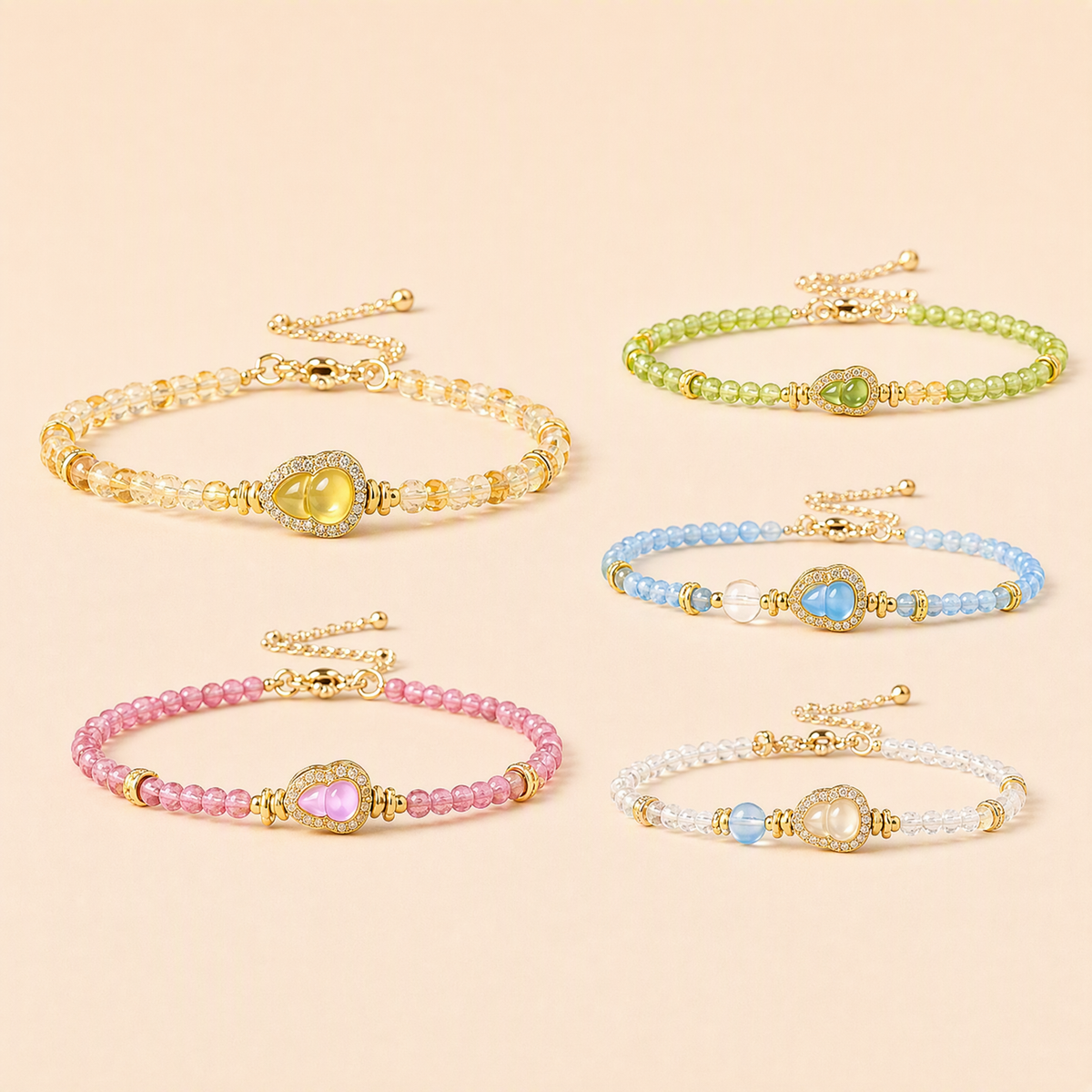Faceted Gemstone Bracelet with Crystal-Embellished Gourd Charm – 5 Color Options