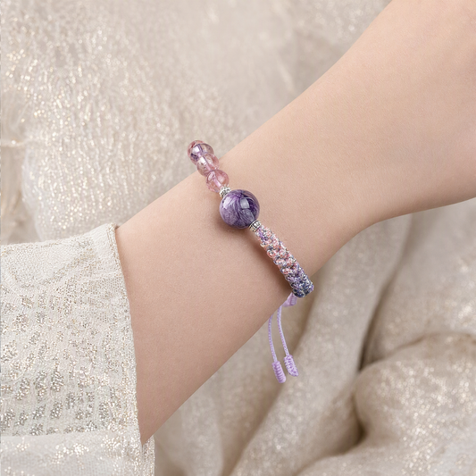 Natural Strawberry Quartz, Charoite & Amethyst Woven Bracelet – Adjustable Gemstone Jewelry