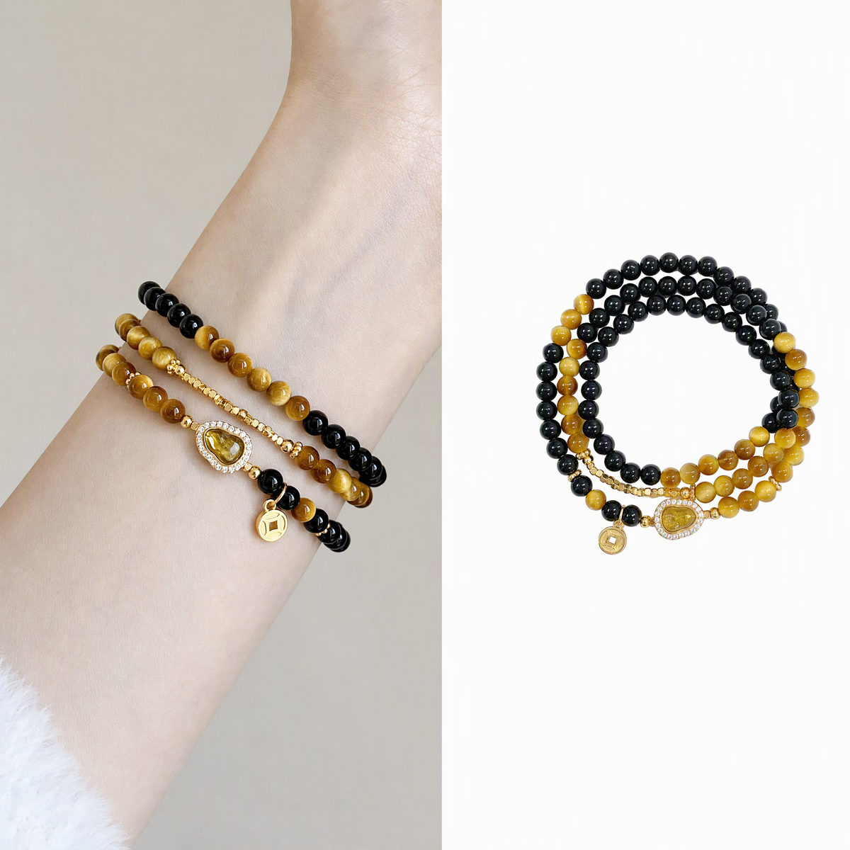 Tiger’s Eye & Black Obsidian Multi-Layer Bracelet with Gourd Charm
