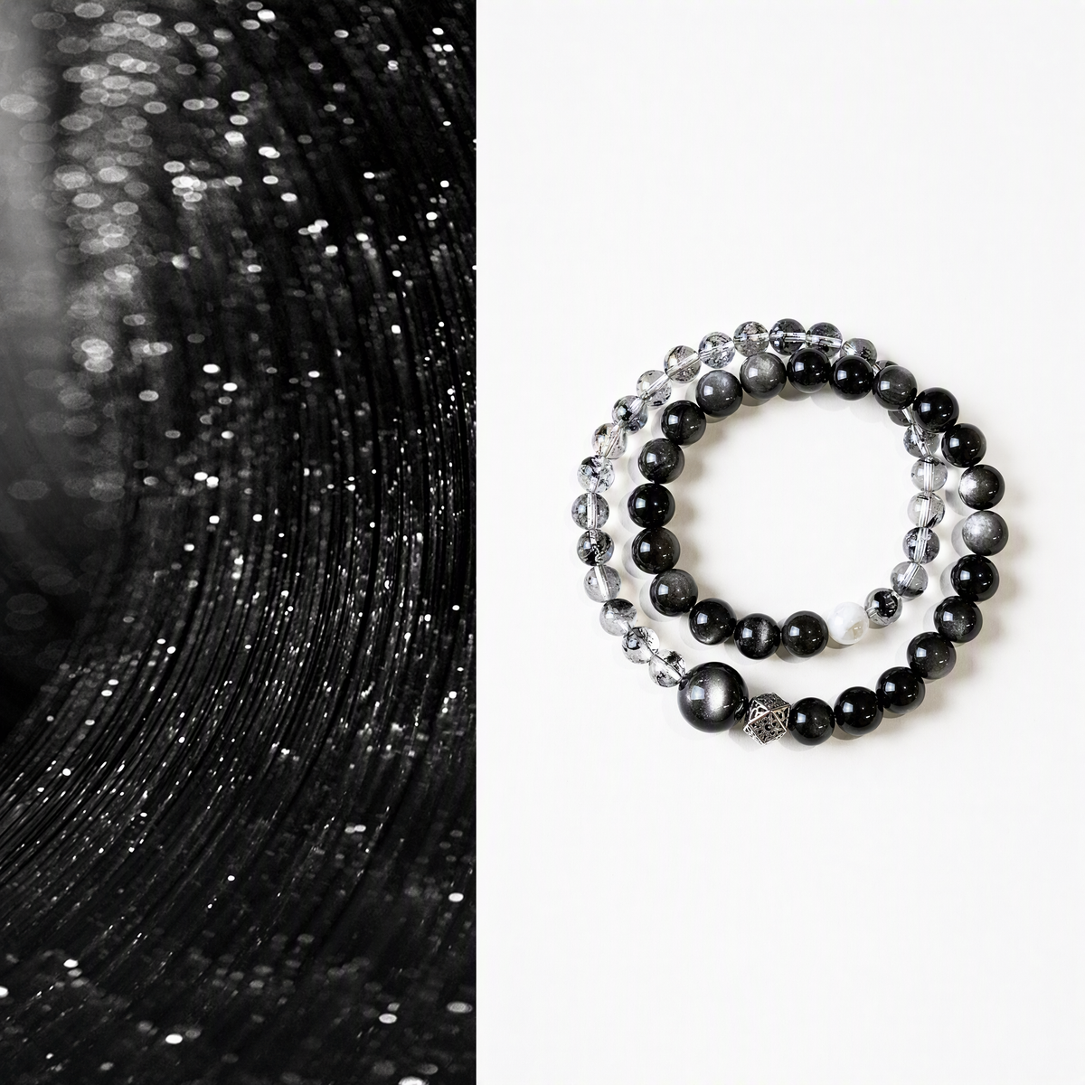 Silver Sheen Obsidian & Phantom Quartz Bracelet – 10.5mm Beads
