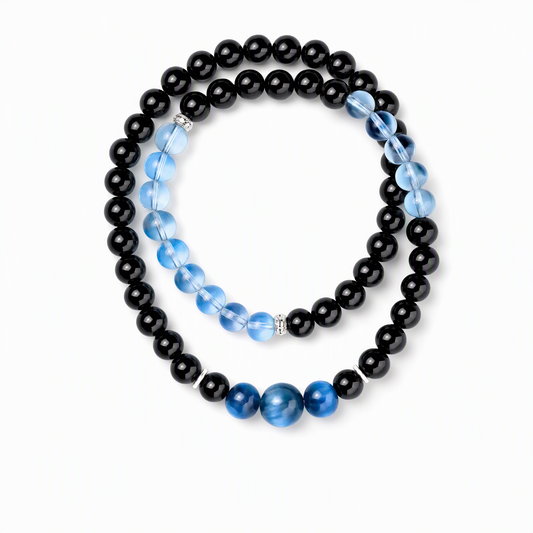 Aquamarine & Black Obsidian Double Wrap Bracelet with Blue Kyanite – Natural Crystal Gemstone Jewelry