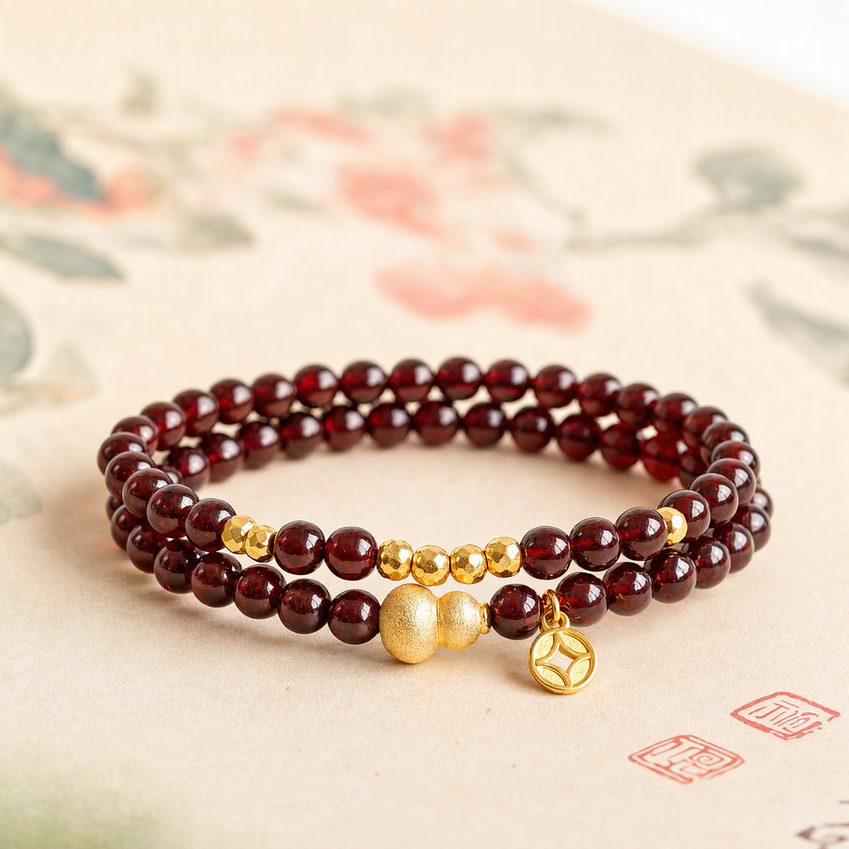 Natural Garnet Multi-Wrap Bracelet with Gold-Tone Gourd & Coin Charms