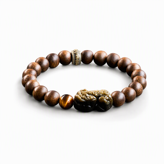 Natural Agarwood Bracelet for Men with Tiger's Eye, Gold Obsidian & Pixiu Charm