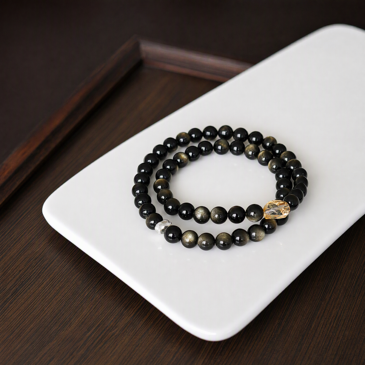 Gold Sheen Obsidian & Citrine Beaded Bracelet – Double or Triple Wrap