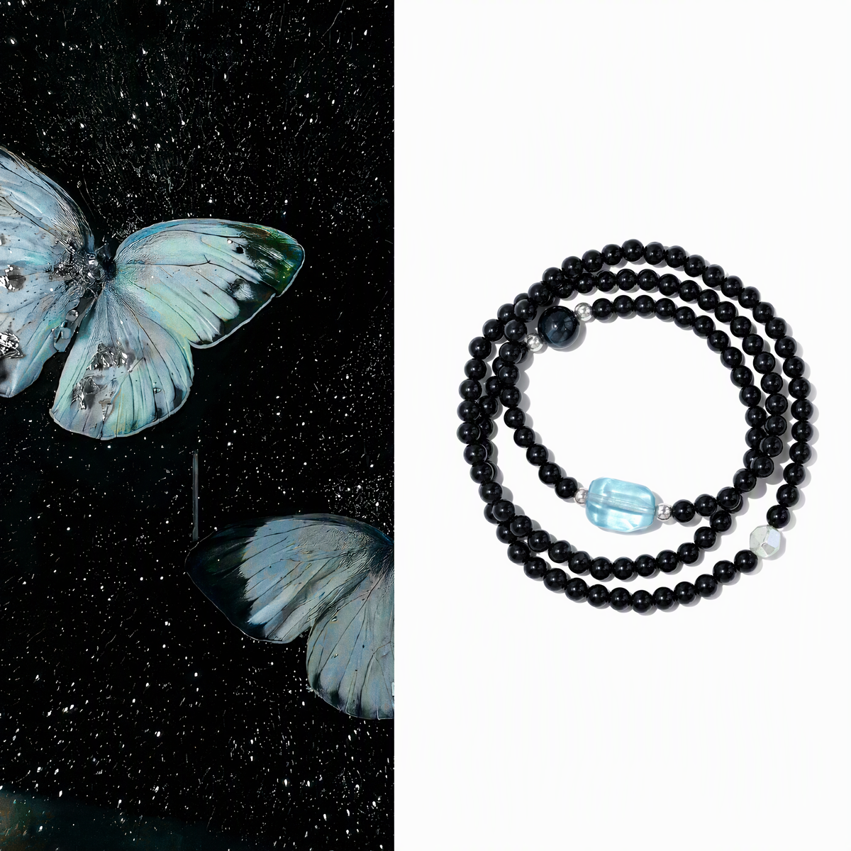 Black Obsidian, Aquamarine & Blue Tiger’s Eye Double-Wrap Bracelet – 4mm