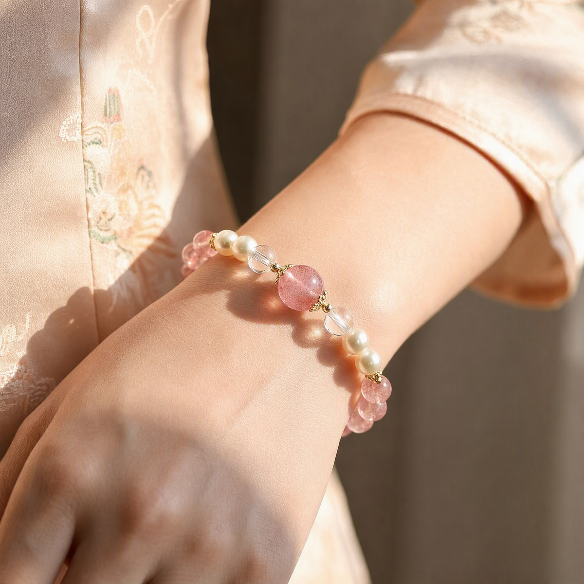 Pearl & Strawberry Quartz Bracelet – Natural Crystal Jewelry Gift for Her