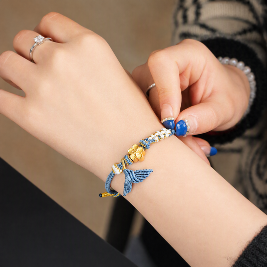 Handwoven Fish Tail Charm Bracelet with 14K Gold-Plated Peach Blossom Bead